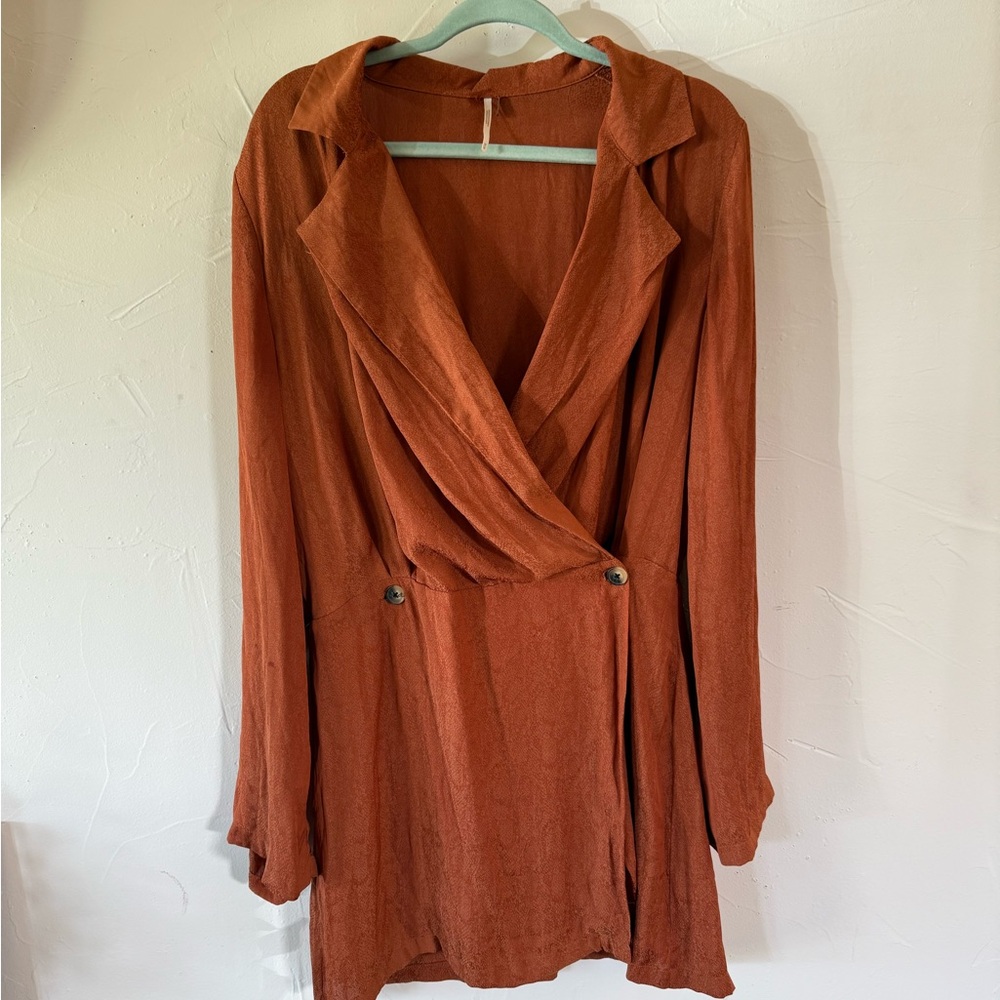 Free People Rust Colored Wrap Dress with Bishop Sleeves